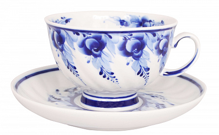 Чашка чайная с блюдцем 350 мл Голубая роза | Гжельская мануфактура