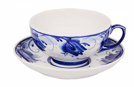 Чашка чайная с блюдцем 220 мл Рубин Голубые тюльпаны | Гжельская мануфактура
