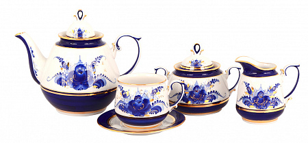 Гжель Сервиз чайный Цветущий сад (15 предметов) Золото | Гжельская мануфактура
