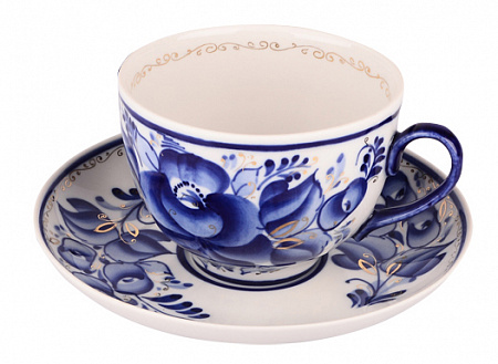 Чашка чайная с блюдцем 275 мл Гранатовый Цветы Золото | Гжельская мануфактура