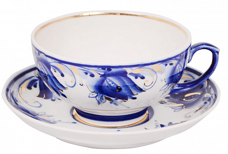 Чашка чайная с блюдцем 220 мл Рубин Голубые тюльпаны Золото | Гжельская мануфактура