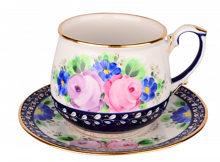 Чашка чайная с блюдцем 300 мл Цветущий сад ХР | Гжельская мануфактура