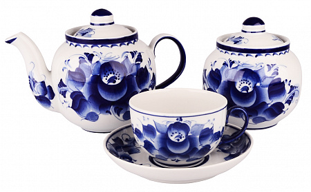 Сервиз чайный 14 предметов Янтарь Роза | Гжельская мануфактура