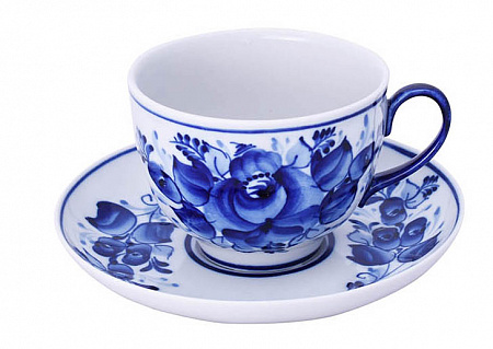Чашка чайная с блюдцем 275 мл Гранатовый Цветы | Гжельская мануфактура